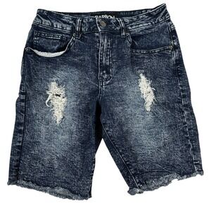 Carbon Acid Dark Wash Distressed Denim Blue Jean Shorts Jorts 28 Cotton Stretch